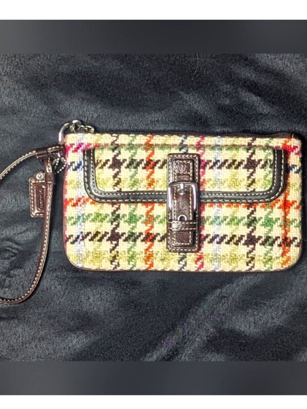 Coach Multicolor Tweed Wristlet Clutch with Brown Leather Trim